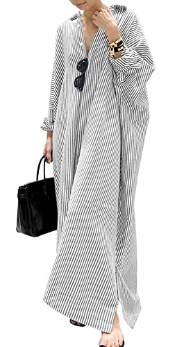 Women's Casual Long Sleeve Button Down Loose Striped Cotton Maxi Shirt Dress