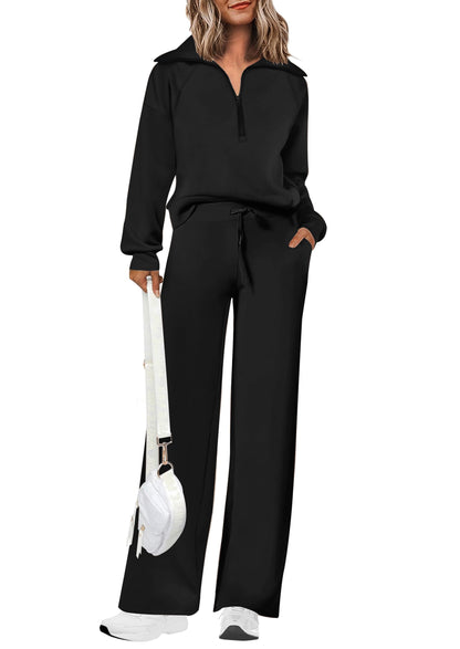 Women's Cotton Two-Piece Outfits Lapel Half-Zip Sweatshirt Wide Leg Sweatpants Casual Suit